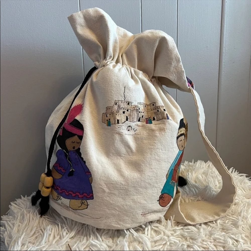 Unique Hand Painted Canvas Drawstring Bucket Bag - image 2